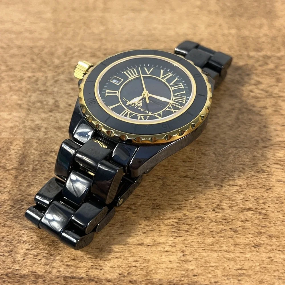 Swiss Legend Karamica Women's Black Gold Tone Watch Ceramic - Needs Battery